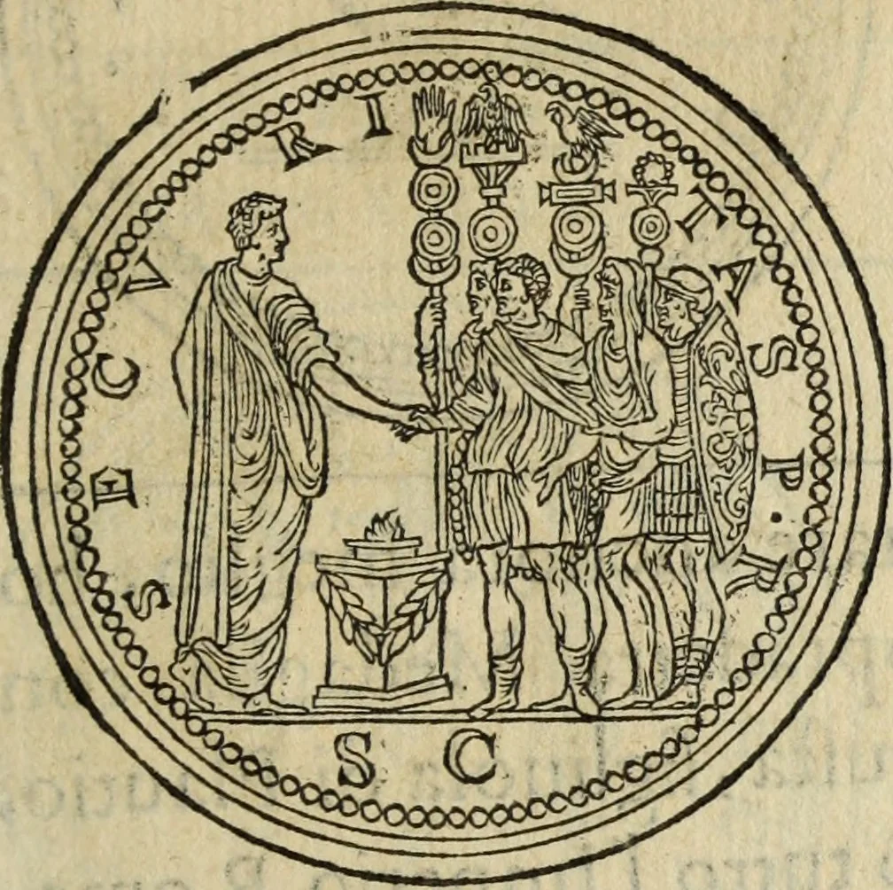 An illustration from Discorso della religione antica de Romani, insieme vn'altro Discorso della castrametatione, et disciplina militare, bagni, & essercitij antichi di detti Romani;, 1569, leaf 36