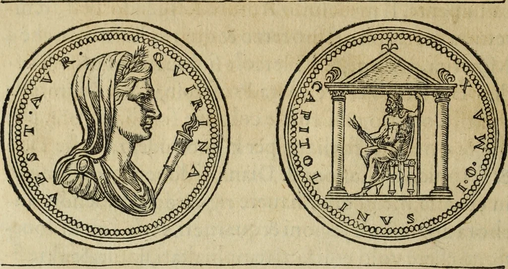 An illustration from Discorso della religione antica de Romani, insieme vn'altro Discorso della castrametatione, et disciplina militare, bagni, & essercitij antichi di detti Romani;, 1569, leaf 47
