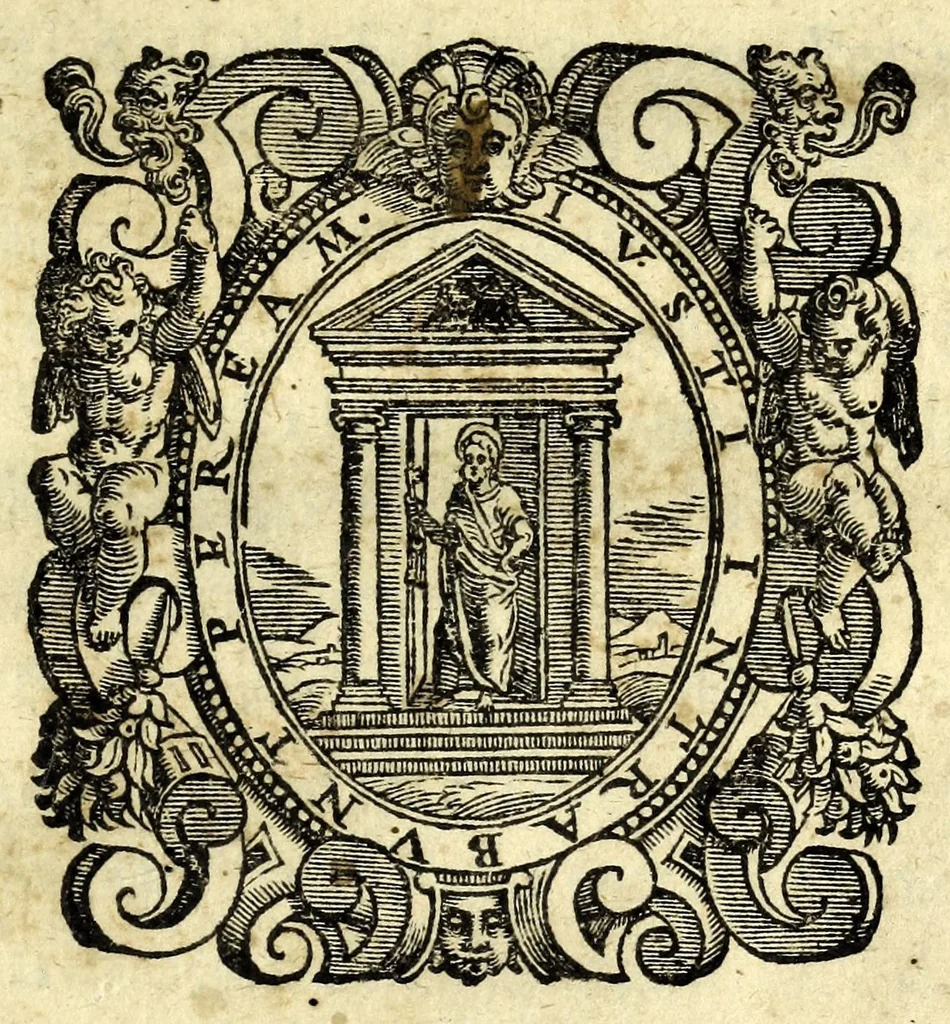 An illustration from Discorso di Agostino Michele, in cui contra l'opinione di tutti più illustri scrittori dell'arte poetica chiaramente si dimostra : come si possono scriuere con molta lode le comedie, e le tragedie in prosa : et di molti altri precetti di cotal arte assai copiosamente si ragiona, 1592, leaf 5