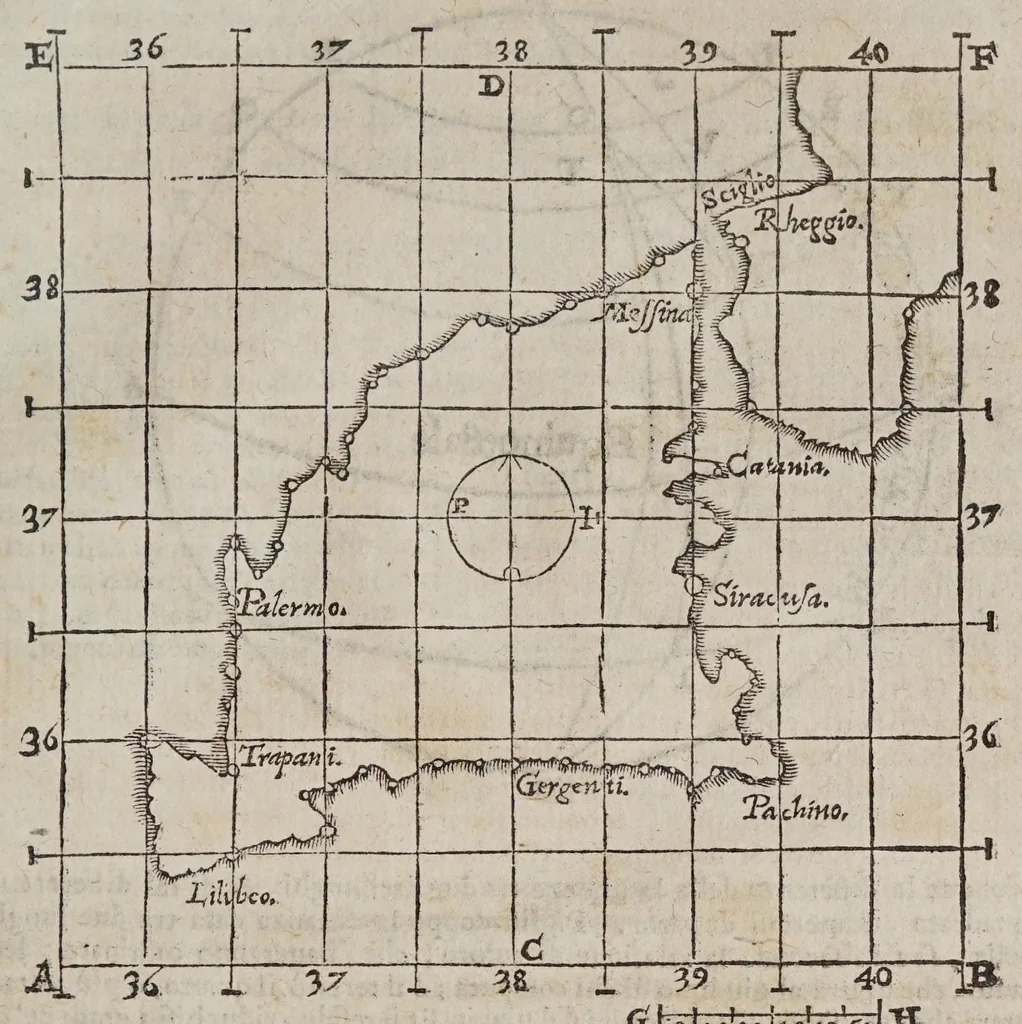 An illustration from Discorso di M. Gioseppe Moleto ... nel quale con uia facile & brieue, si dichiarano & insegnano tutti i termini, & tutte le regole appartenenti alla geografia : di nuouo dal proprio autore ricorretto, & accresciuto del modo di far i mappamondi, le balle, le tauole di geografia : di trouar le differenze delle lunghezze, & delle larghezze, di molte figure : & di molte, & molte cose necessarie alla perfettione della scienza, che nell'altro mancauano. --, 1573, leaf 65
