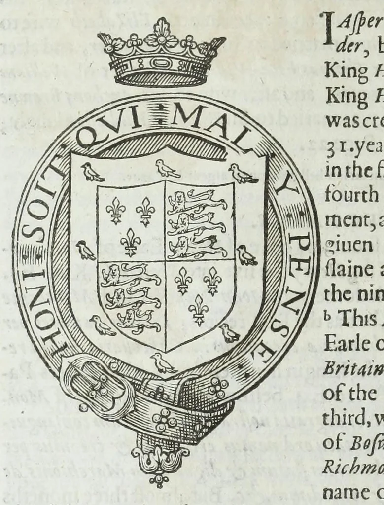 An illustration from A discouerie of errours in the first edition of the Catalogue of nobility, published by Raphe Brooke, Yorke Herald, 1619, and printed heerewith word for word, according to that edition : with a continuance of the successions, from 1619 vntill this present yeare, 1622 : at the end whereof, is annexed a review of a later edition, by him stolne into the world, 1621, 1622, leaf 102
