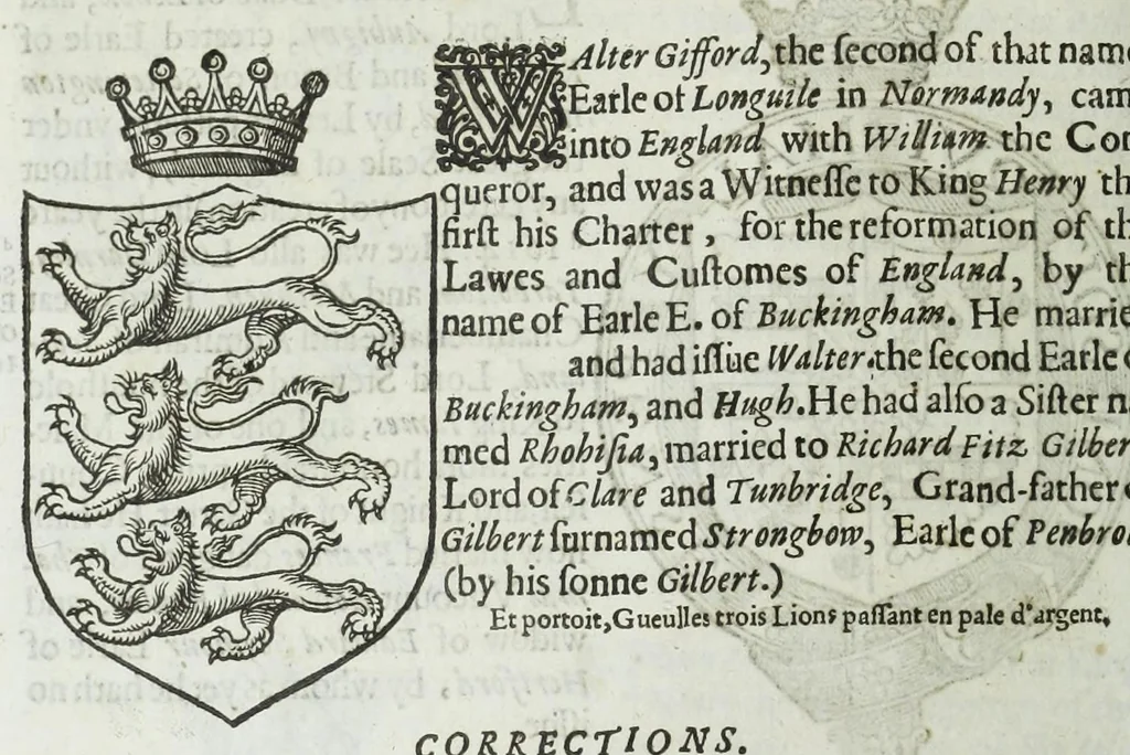 An illustration from A discouerie of errours in the first edition of the Catalogue of nobility, published by Raphe Brooke, Yorke Herald, 1619, and printed heerewith word for word, according to that edition : with a continuance of the successions, from 1619 vntill this present yeare, 1622 : at the end whereof, is annexed a review of a later edition, by him stolne into the world, 1621, 1622, leaf 134