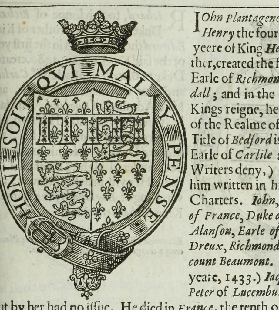 An illustration from A discouerie of errours in the first edition of the Catalogue of nobility, published by Raphe Brooke, Yorke Herald, 1619, and printed heerewith word for word, according to that edition : with a continuance of the successions, from 1619 vntill this present yeare, 1622 : at the end whereof, is annexed a review of a later edition, by him stolne into the world, 1621, 1622, leaf 153