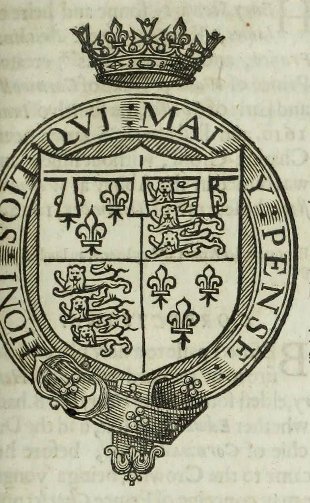 An illustration from A discouerie of errours in the first edition of the Catalogue of nobility, published by Raphe Brooke, Yorke Herald, 1619, and printed heerewith word for word, according to that edition : with a continuance of the successions, from 1619 vntill this present yeare, 1622 : at the end whereof, is annexed a review of a later edition, by him stolne into the world, 1621, 1622, leaf 201