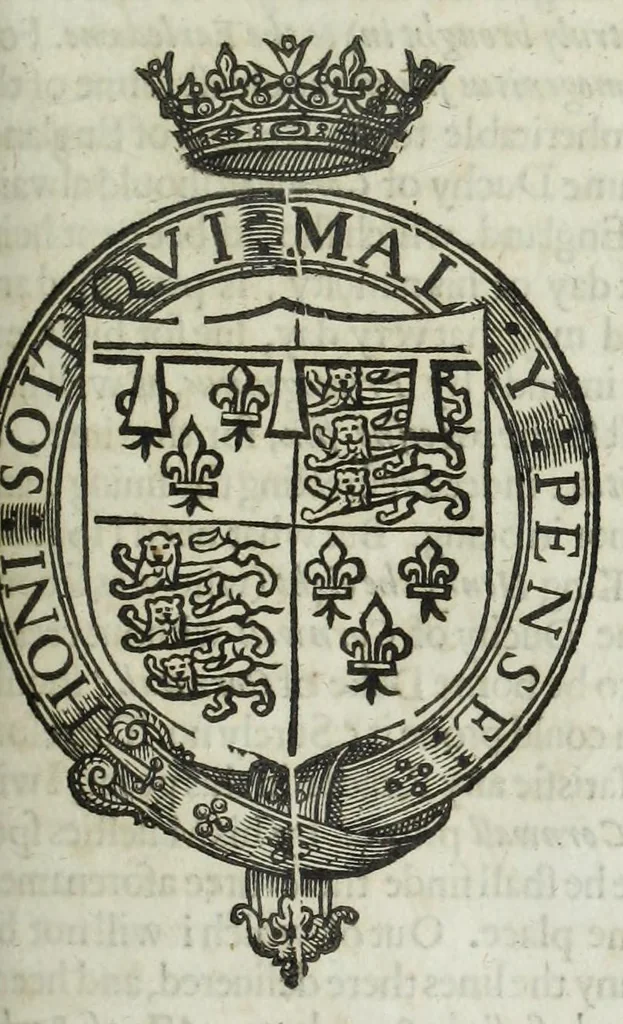 An illustration from A discouerie of errours in the first edition of the Catalogue of nobility, published by Raphe Brooke, Yorke Herald, 1619, and printed heerewith word for word, according to that edition : with a continuance of the successions, from 1619 vntill this present yeare, 1622 : at the end whereof, is annexed a review of a later edition, by him stolne into the world, 1621, 1622, leaf 201