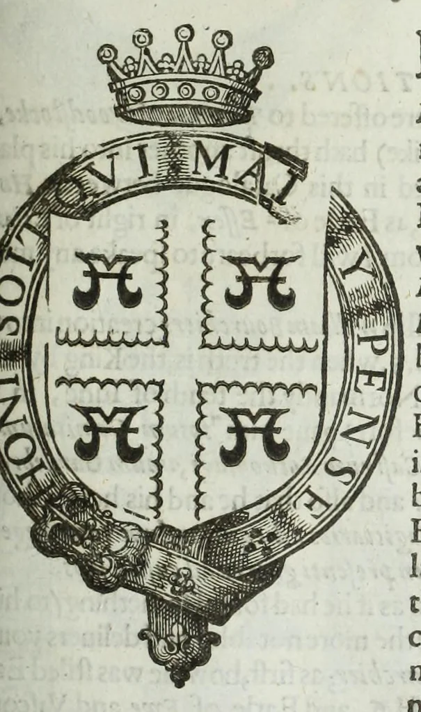 An illustration from A discouerie of errours in the first edition of the Catalogue of nobility, published by Raphe Brooke, Yorke Herald, 1619, and printed heerewith word for word, according to that edition : with a continuance of the successions, from 1619 vntill this present yeare, 1622 : at the end whereof, is annexed a review of a later edition, by him stolne into the world, 1621, 1622, leaf 241