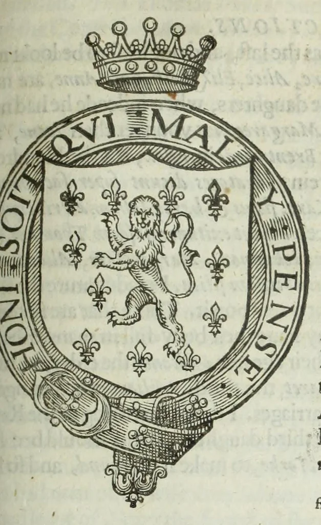 An illustration from A discouerie of errours in the first edition of the Catalogue of nobility, published by Raphe Brooke, Yorke Herald, 1619, and printed heerewith word for word, according to that edition : with a continuance of the successions, from 1619 vntill this present yeare, 1622 : at the end whereof, is annexed a review of a later edition, by him stolne into the world, 1621, 1622, leaf 341