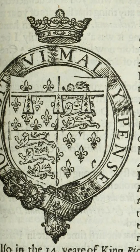 An illustration from A discouerie of errours in the first edition of the Catalogue of nobility, published by Raphe Brooke, Yorke Herald, 1619, and printed heerewith word for word, according to that edition : with a continuance of the successions, from 1619 vntill this present yeare, 1622 : at the end whereof, is annexed a review of a later edition, by him stolne into the world, 1621, 1622, leaf 355