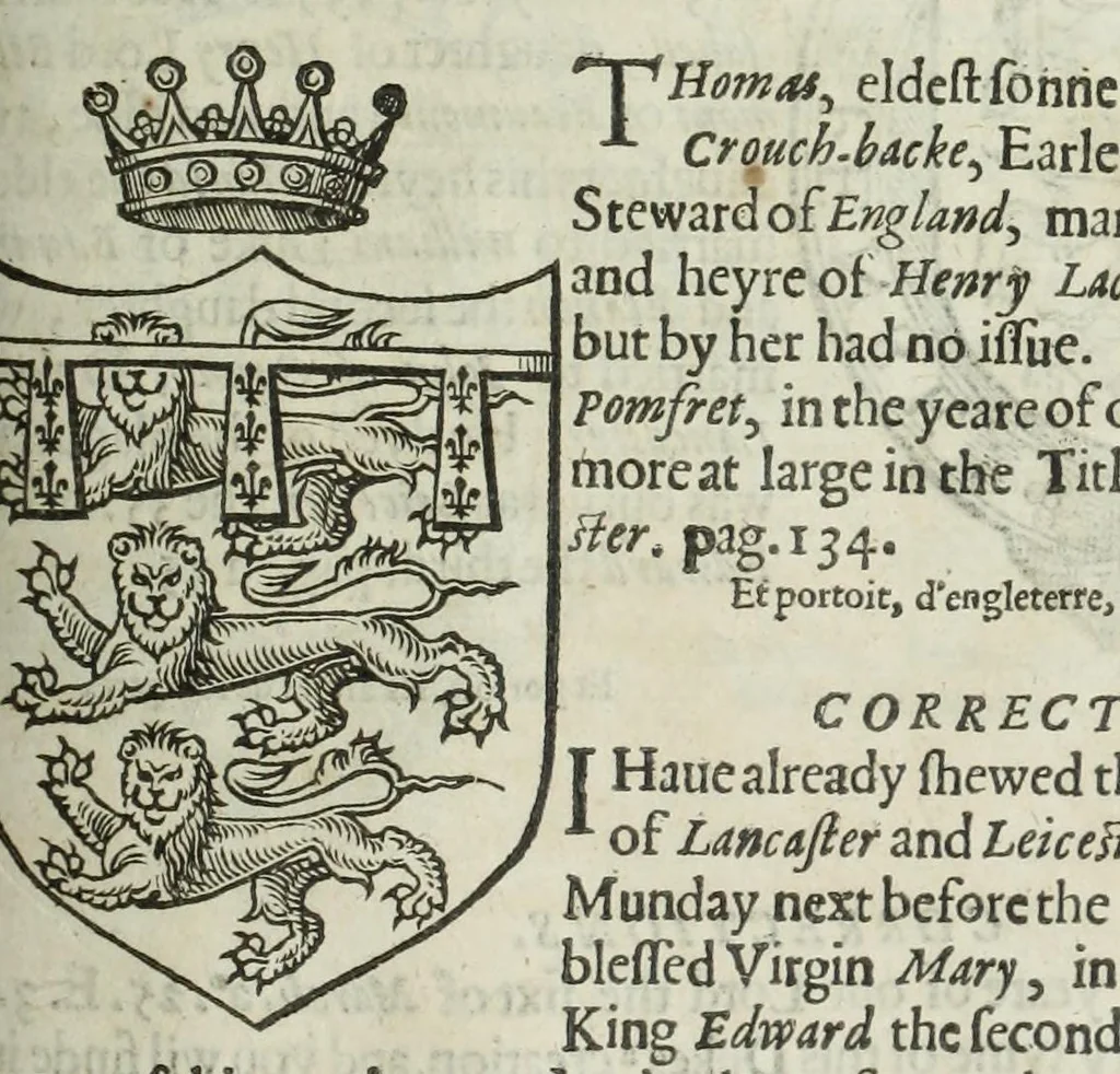 An illustration from A discouerie of errours in the first edition of the Catalogue of nobility, published by Raphe Brooke, Yorke Herald, 1619, and printed heerewith word for word, according to that edition : with a continuance of the successions, from 1619 vntill this present yeare, 1622 : at the end whereof, is annexed a review of a later edition, by him stolne into the world, 1621, 1622, leaf 365