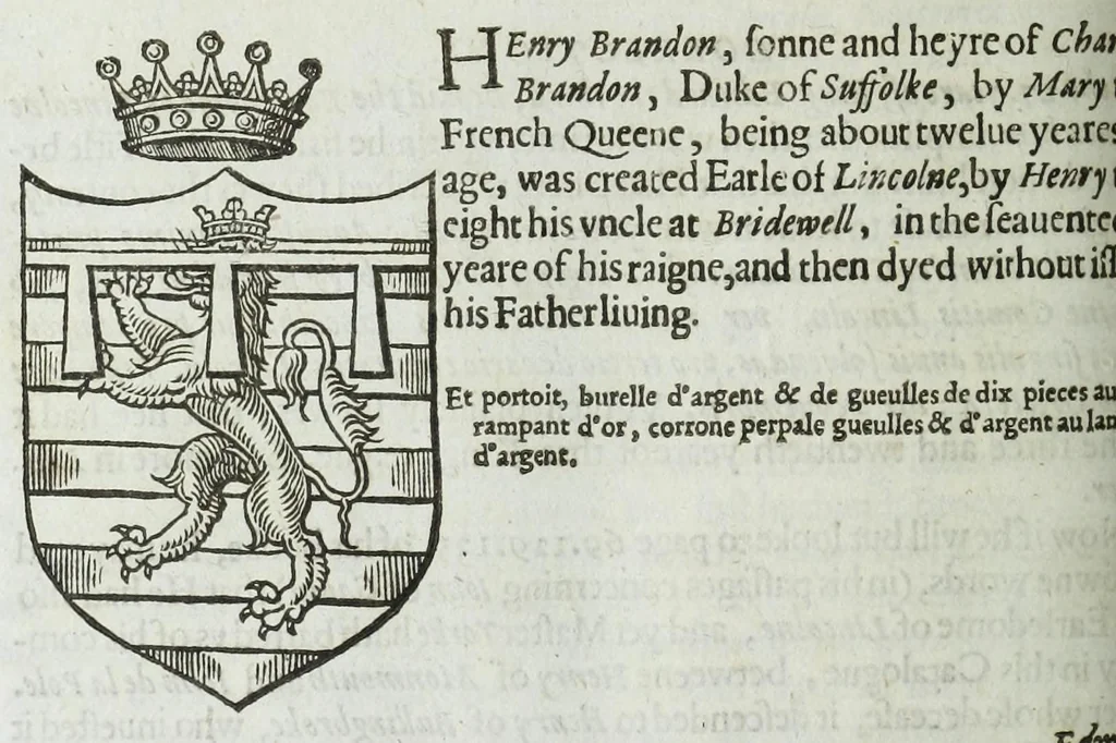 An illustration from A discouerie of errours in the first edition of the Catalogue of nobility, published by Raphe Brooke, Yorke Herald, 1619, and printed heerewith word for word, according to that edition : with a continuance of the successions, from 1619 vntill this present yeare, 1622 : at the end whereof, is annexed a review of a later edition, by him stolne into the world, 1621, 1622, leaf 380