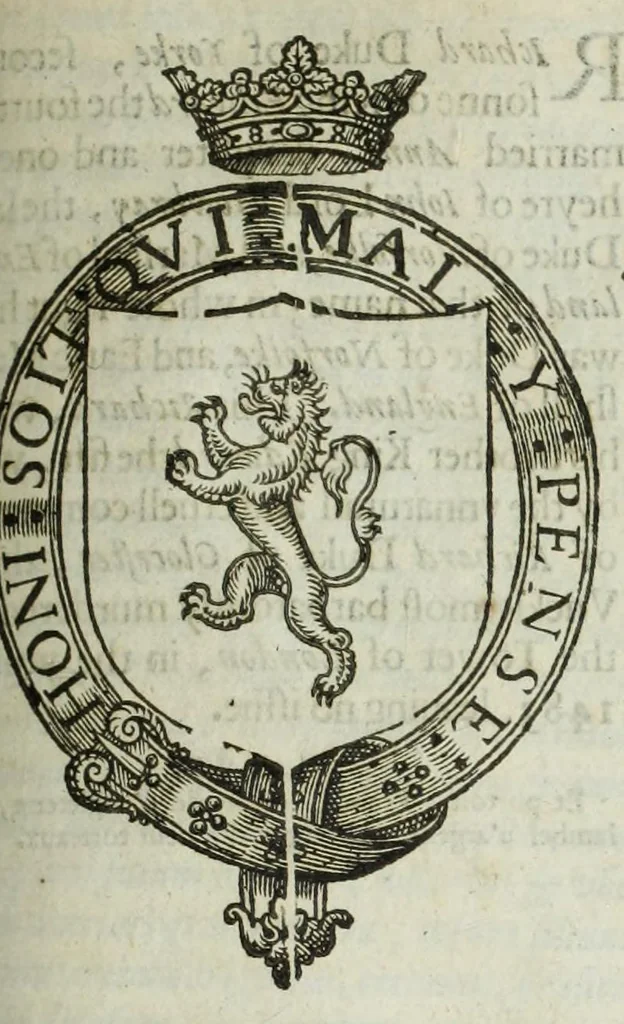 An illustration from A discouerie of errours in the first edition of the Catalogue of nobility, published by Raphe Brooke, Yorke Herald, 1619, and printed heerewith word for word, according to that edition : with a continuance of the successions, from 1619 vntill this present yeare, 1622 : at the end whereof, is annexed a review of a later edition, by him stolne into the world, 1621, 1622, leaf 411