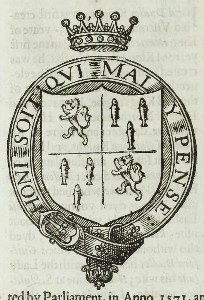 An illustration from A discouerie of errours in the first edition of the Catalogue of nobility, published by Raphe Brooke, Yorke Herald, 1619, and printed heerewith word for word, according to that edition : with a continuance of the successions, from 1619 vntill this present yeare, 1622 : at the end whereof, is annexed a review of a later edition, by him stolne into the world, 1621, 1622, leaf 444