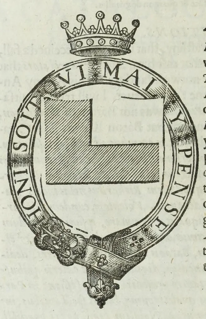 An illustration from A discouerie of errours in the first edition of the Catalogue of nobility, published by Raphe Brooke, Yorke Herald, 1619, and printed heerewith word for word, according to that edition : with a continuance of the successions, from 1619 vntill this present yeare, 1622 : at the end whereof, is annexed a review of a later edition, by him stolne into the world, 1621, 1622, leaf 492