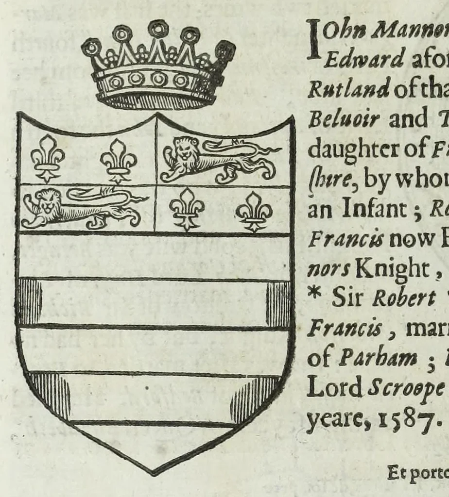 An illustration from A discouerie of errours in the first edition of the Catalogue of nobility, published by Raphe Brooke, Yorke Herald, 1619, and printed heerewith word for word, according to that edition : with a continuance of the successions, from 1619 vntill this present yeare, 1622 : at the end whereof, is annexed a review of a later edition, by him stolne into the world, 1621, 1622, leaf 498