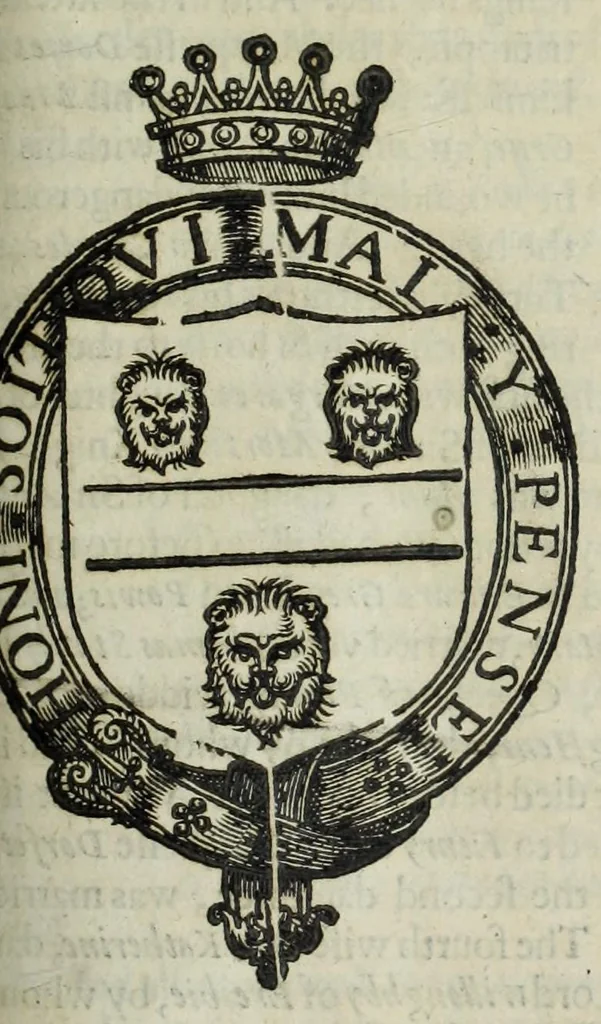An illustration from A discouerie of errours in the first edition of the Catalogue of nobility, published by Raphe Brooke, Yorke Herald, 1619, and printed heerewith word for word, according to that edition : with a continuance of the successions, from 1619 vntill this present yeare, 1622 : at the end whereof, is annexed a review of a later edition, by him stolne into the world, 1621, 1622, leaf 567