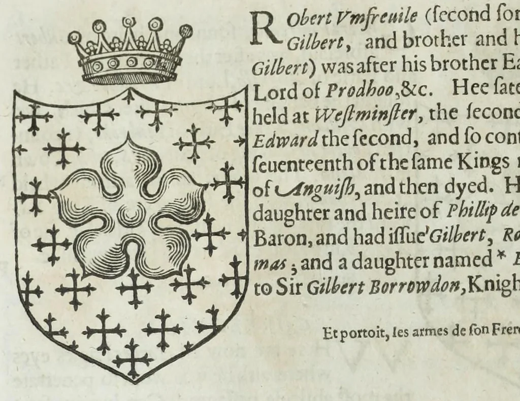 An illustration from A discouerie of errours in the first edition of the Catalogue of nobility, published by Raphe Brooke, Yorke Herald, 1619, and printed heerewith word for word, according to that edition : with a continuance of the successions, from 1619 vntill this present yeare, 1622 : at the end whereof, is annexed a review of a later edition, by him stolne into the world, 1621, 1622, leaf 64