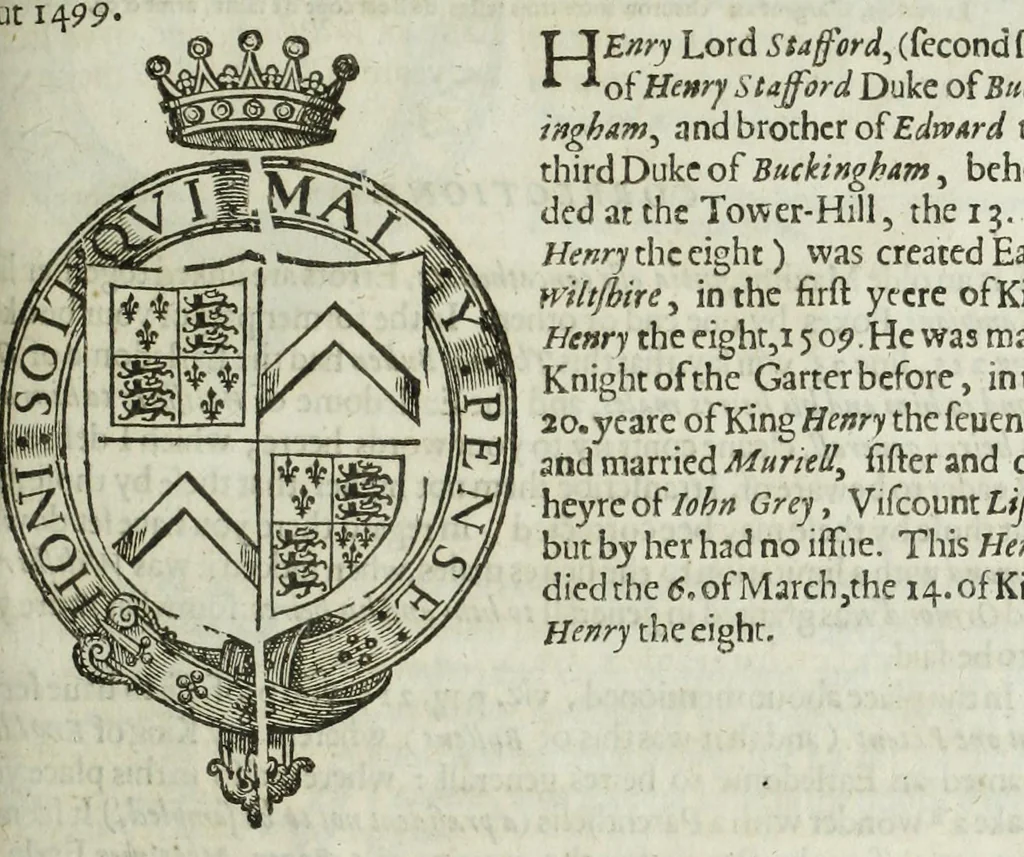An illustration from A discouerie of errours in the first edition of the Catalogue of nobility, published by Raphe Brooke, Yorke Herald, 1619, and printed heerewith word for word, according to that edition : with a continuance of the successions, from 1619 vntill this present yeare, 1622 : at the end whereof, is annexed a review of a later edition, by him stolne into the world, 1621, 1622, leaf 657