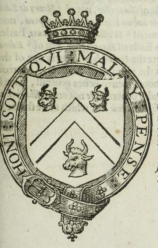 An illustration from A discouerie of errours in the first edition of the Catalogue of nobility, published by Raphe Brooke, Yorke Herald, 1619, and printed heerewith word for word, according to that edition : with a continuance of the successions, from 1619 vntill this present yeare, 1622 : at the end whereof, is annexed a review of a later edition, by him stolne into the world, 1621, 1622, leaf 657