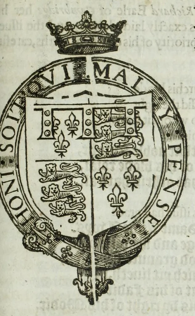 An illustration from A discouerie of errours in the first edition of the Catalogue of nobility, published by Raphe Brooke, Yorke Herald, 1619, and printed heerewith word for word, according to that edition : with a continuance of the successions, from 1619 vntill this present yeare, 1622 : at the end whereof, is annexed a review of a later edition, by him stolne into the world, 1621, 1622, leaf 681