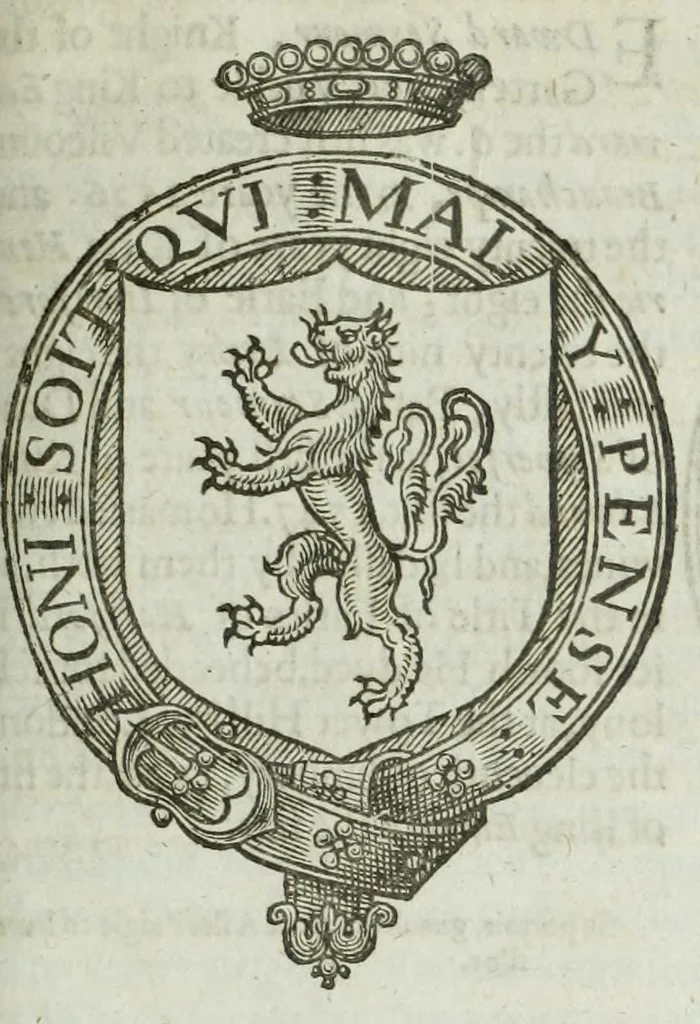 An illustration from A discouerie of errours in the first edition of the Catalogue of nobility, published by Raphe Brooke, Yorke Herald, 1619, and printed heerewith word for word, according to that edition : with a continuance of the successions, from 1619 vntill this present yeare, 1622 : at the end whereof, is annexed a review of a later edition, by him stolne into the world, 1621, 1622, leaf 697