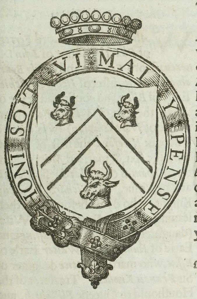 An illustration from A discouerie of errours in the first edition of the Catalogue of nobility, published by Raphe Brooke, Yorke Herald, 1619, and printed heerewith word for word, according to that edition : with a continuance of the successions, from 1619 vntill this present yeare, 1622 : at the end whereof, is annexed a review of a later edition, by him stolne into the world, 1621, 1622, leaf 697