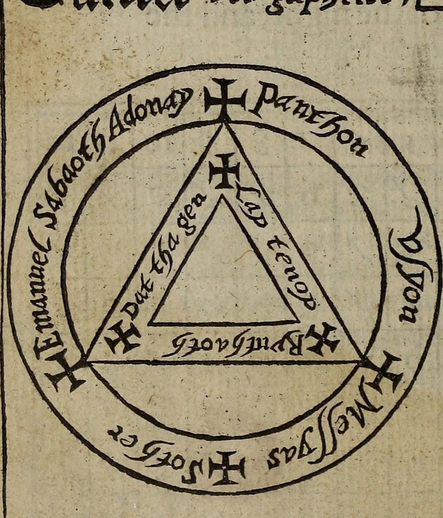 An illustration from The discouerie of witchcraft, : wherein the lewde dealing of witches and witchmongers is notablie detected, the knauerie of coniurors, the impietie of inchantors, the follie of soothsaiers, the impudent falshood of cousenors, the infidelitie of atheists, the pestilent practices of Pythonists, the curiositie of figure casters, the vanitie of dreamers, the beggerlie art of alcumystrie, the abhomination of idolatrie, the horrible art of poisoning, the vertue and power of naturall magike, and all the conueiances of legierdemaine and iuggling are deciphered: and many other things opened, which have long lien hidden, howbeit verie necessarie to be knowne. : Heerevnto is added a treatise vpon the nature and substance of spirits and diuels, & c, 1584, leaf 437