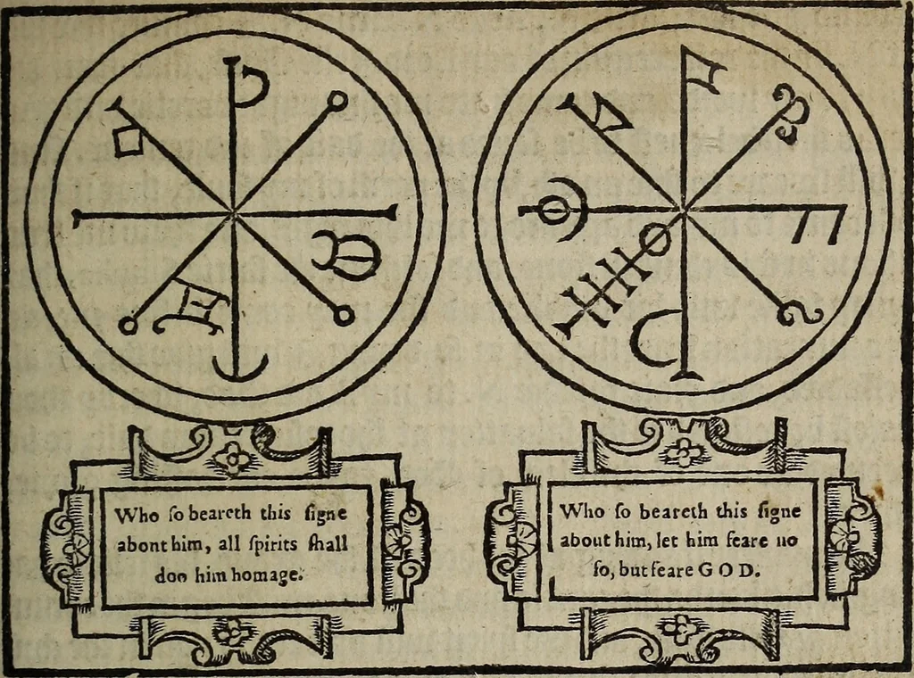 An illustration from The discouerie of witchcraft, : wherein the lewde dealing of witches and witchmongers is notablie detected, the knauerie of coniurors, the impietie of inchantors, the follie of soothsaiers, the impudent falshood of cousenors, the infidelitie of atheists, the pestilent practices of Pythonists, the curiositie of figure casters, the vanitie of dreamers, the beggerlie art of alcumystrie, the abhomination of idolatrie, the horrible art of poisoning, the vertue and power of naturall magike, and all the conueiances of legierdemaine and iuggling are deciphered: and many other things opened, which have long lien hidden, howbeit verie necessarie to be knowne. : Heerevnto is added a treatise vpon the nature and substance of spirits and diuels, & c, 1584, leaf 438