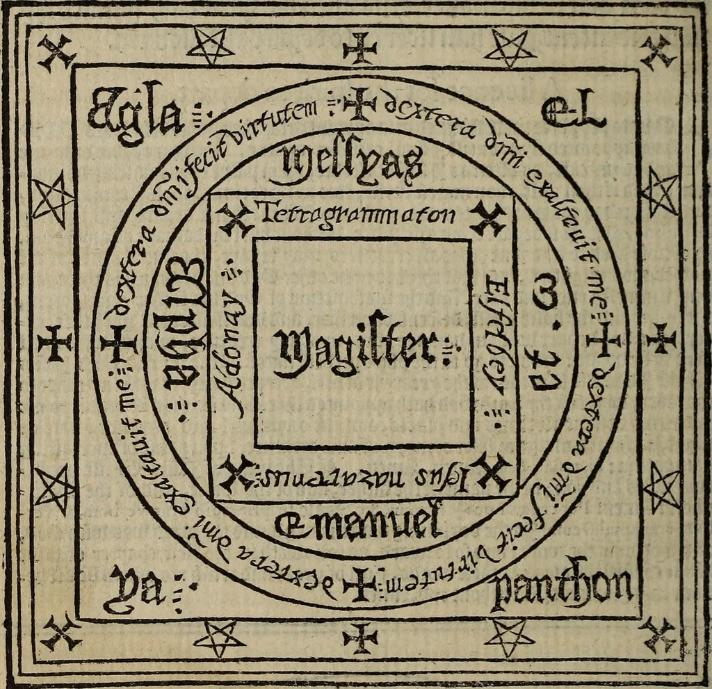 An illustration from The discouerie of witchcraft, : wherein the lewde dealing of witches and witchmongers is notablie detected, the knauerie of coniurors, the impietie of inchantors, the follie of soothsaiers, the impudent falshood of cousenors, the infidelitie of atheists, the pestilent practices of Pythonists, the curiositie of figure casters, the vanitie of dreamers, the beggerlie art of alcumystrie, the abhomination of idolatrie, the horrible art of poisoning, the vertue and power of naturall magike, and all the conueiances of legierdemaine and iuggling are deciphered: and many other things opened, which have long lien hidden, howbeit verie necessarie to be knowne. : Heerevnto is added a treatise vpon the nature and substance of spirits and diuels, & c, 1584, leaf 457