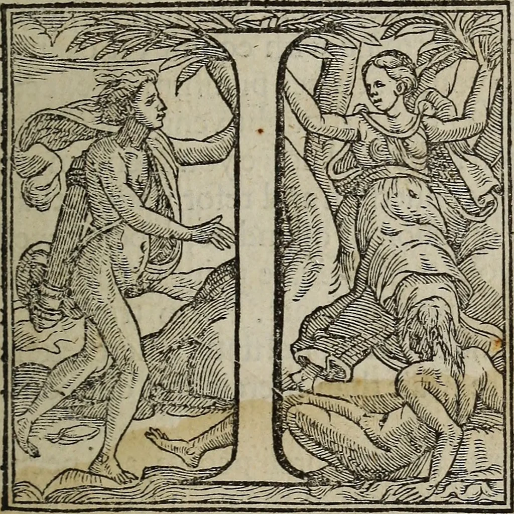 An illustration from The discouerie of witchcraft, : wherein the lewde dealing of witches and witchmongers is notablie detected, the knauerie of coniurors, the impietie of inchantors, the follie of soothsaiers, the impudent falshood of cousenors, the infidelitie of atheists, the pestilent practices of Pythonists, the curiositie of figure casters, the vanitie of dreamers, the beggerlie art of alcumystrie, the abhomination of idolatrie, the horrible art of poisoning, the vertue and power of naturall magike, and all the conueiances of legierdemaine and iuggling are deciphered: and many other things opened, which have long lien hidden, howbeit verie necessarie to be knowne. : Heerevnto is added a treatise vpon the nature and substance of spirits and diuels, & c, 1584, leaf 8