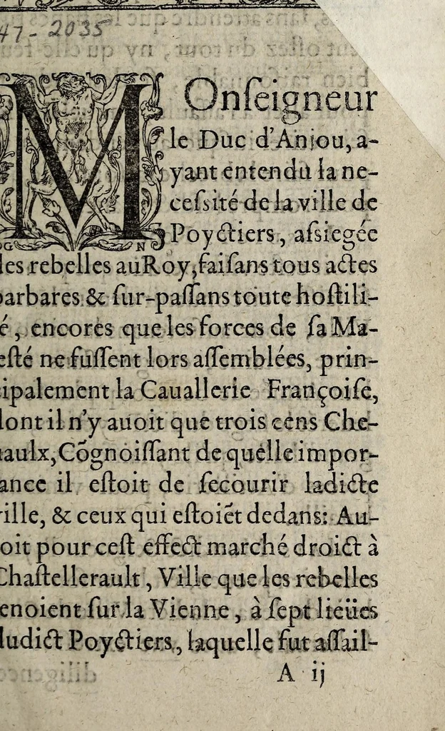 An illustration from Discours de la [bataille] & cruelz assaultz, donnez entre Mont-coutourt, & Heruaulx, et de la tres-memorable victoire obtenüe (par la grace de Diev, & de la bonne conduicte de Monsievr) le lundy troisième iour d'Octobre, M.D.LXIX. Ensemble les noms des regiments des Huguenotz deffaictz, et les noms, de ceux qui sont morts & blesses de la part du Roy., 1569, leaf 7