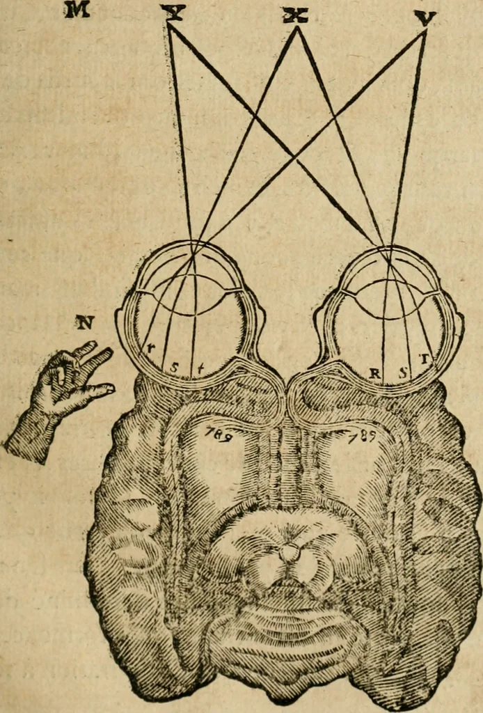 An illustration from Discours de la methode : pour bien conduire sa raison, & chercher la verité dans les sciences : Plus La dioptrique, et Les meteores. Qui sont des essais de cete methode, 1658, leaf 132