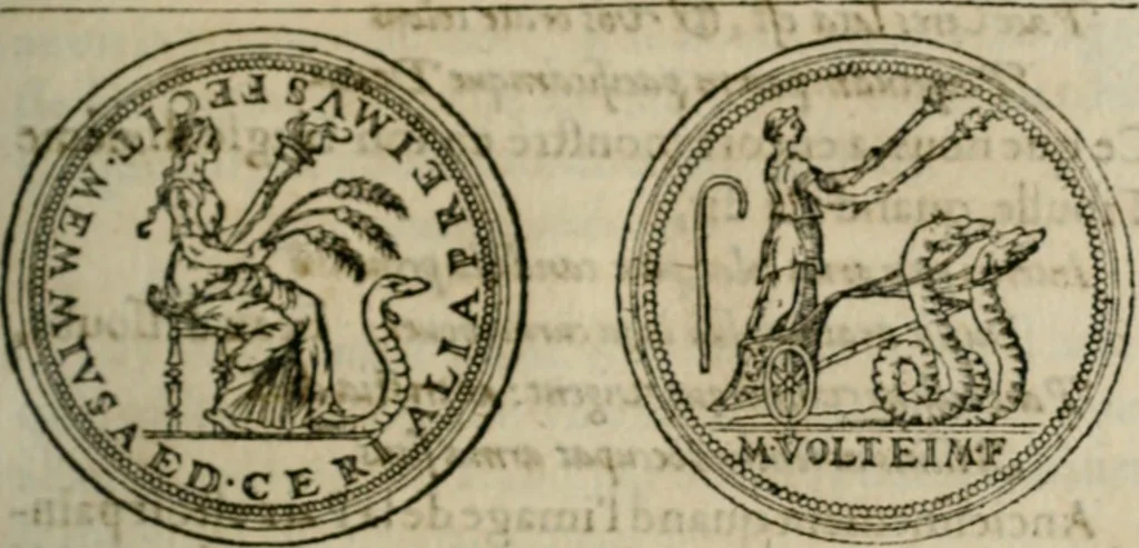 An illustration from Discours de la religion des anciens Romains--, 1581, leaf 148