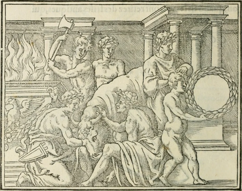 An illustration from Discours de la religion des anciens Romains--, 1581, leaf 327