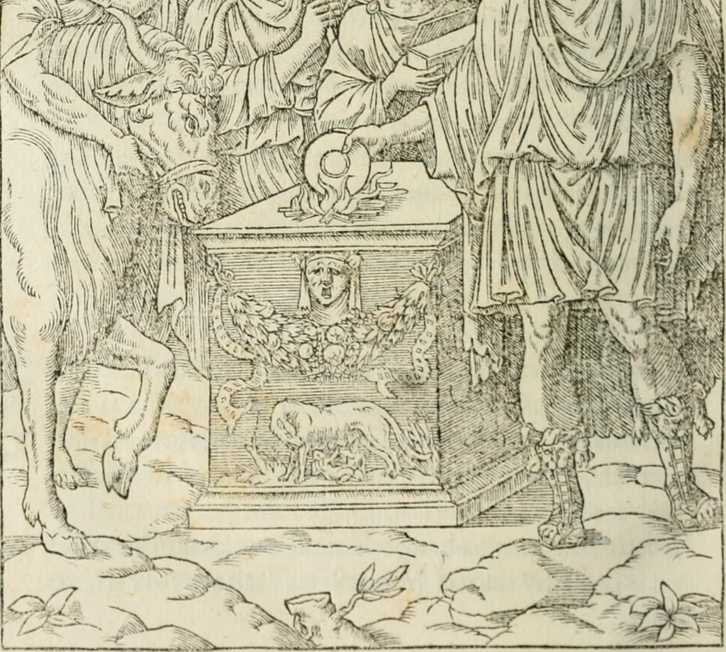 An illustration from Discours de la religion des anciens Romains--, 1581, leaf 449