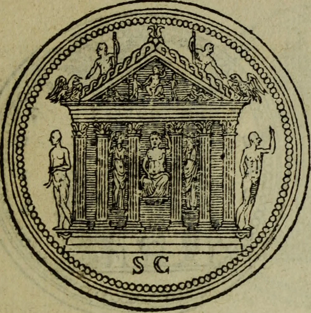 An illustration from Discours de la religion des anciens Romains : de la castrametation & discipline militaire d'iceux. Des bains & antiques exercitations grecques & romaines ..., 1581, leaf 10