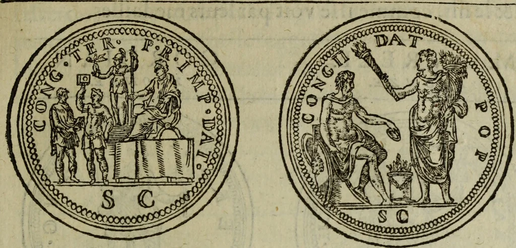An illustration from Discours de la religion des anciens Romains : de la castrametation & discipline militaire d'iceux. Des bains & antiques exercitations grecques & romaines ..., 1581, leaf 150