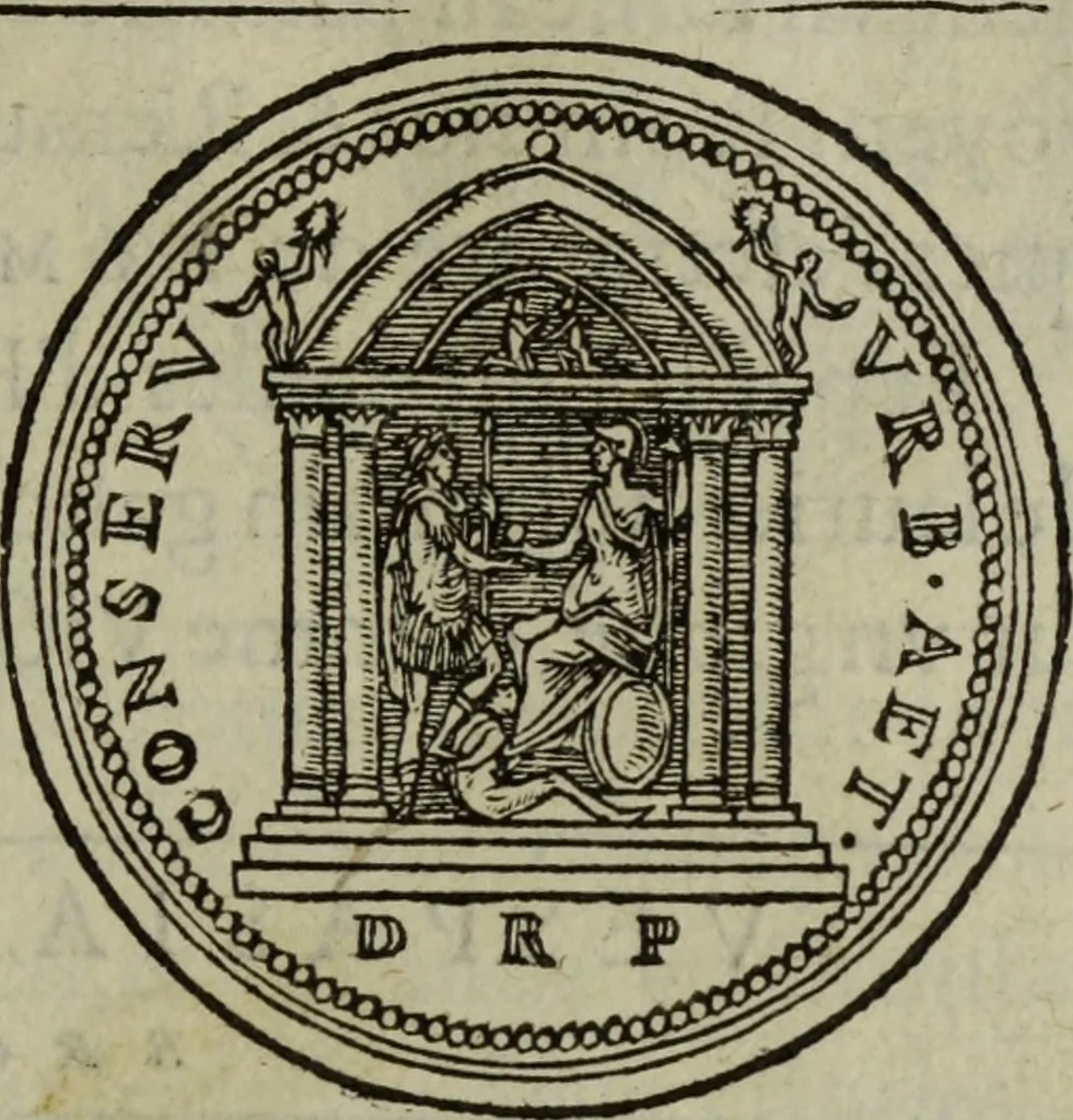 An illustration from Discours de la religion des anciens Romains : de la castrametation & discipline militaire d'iceux. Des bains & antiques exercitations grecques & romaines ..., 1581, leaf 174