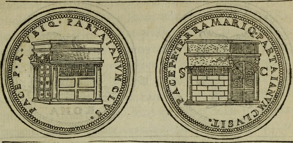 An illustration from Discours de la religion des anciens Romains : de la castrametation & discipline militaire d'iceux. Des bains & antiques exercitations grecques & romaines ..., 1581, leaf 18