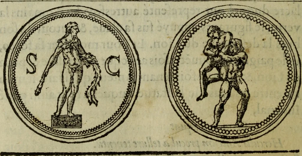 An illustration from Discours de la religion des anciens Romains : de la castrametation & discipline militaire d'iceux. Des bains & antiques exercitations grecques & romaines ..., 1581, leaf 187