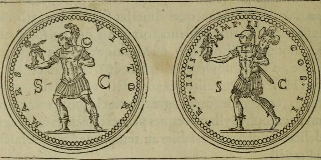 An illustration from Discours de la religion des anciens Romains : de la castrametation & discipline militaire d'iceux. Des bains & antiques exercitations grecques & romaines ..., 1581, leaf 219