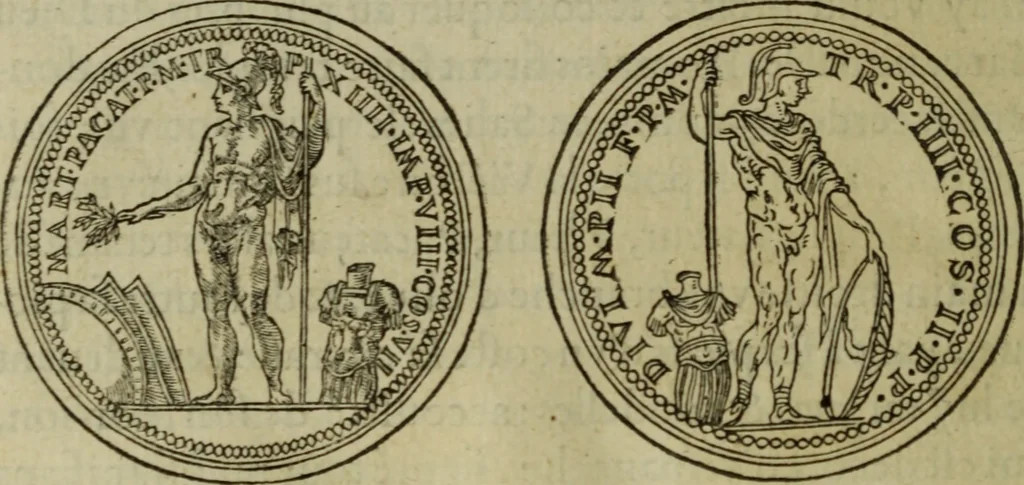 An illustration from Discours de la religion des anciens Romains : de la castrametation & discipline militaire d'iceux. Des bains & antiques exercitations grecques & romaines ..., 1581, leaf 219