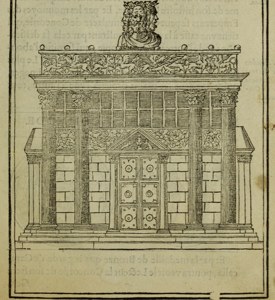 An illustration from Discours de la religion des anciens Romains : de la castrametation & discipline militaire d'iceux. Des bains & antiques exercitations grecques & romaines ..., 1581, leaf 22