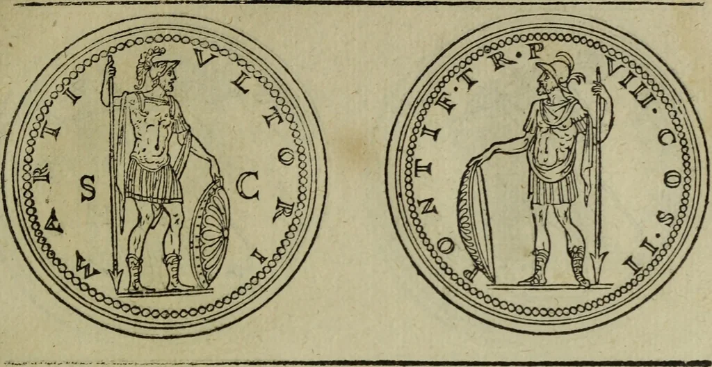 An illustration from Discours de la religion des anciens Romains : de la castrametation & discipline militaire d'iceux. Des bains & antiques exercitations grecques & romaines ..., 1581, leaf 220