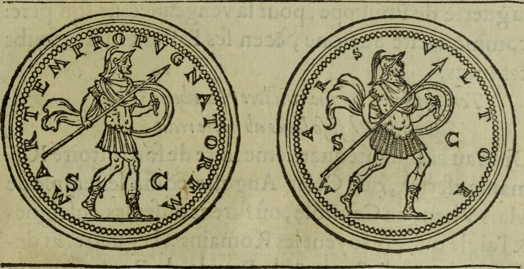An illustration from Discours de la religion des anciens Romains : de la castrametation & discipline militaire d'iceux. Des bains & antiques exercitations grecques & romaines ..., 1581, leaf 220