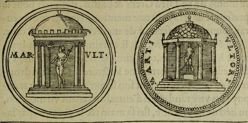 An illustration from Discours de la religion des anciens Romains : de la castrametation & discipline militaire d'iceux. Des bains & antiques exercitations grecques & romaines ..., 1581, leaf 222