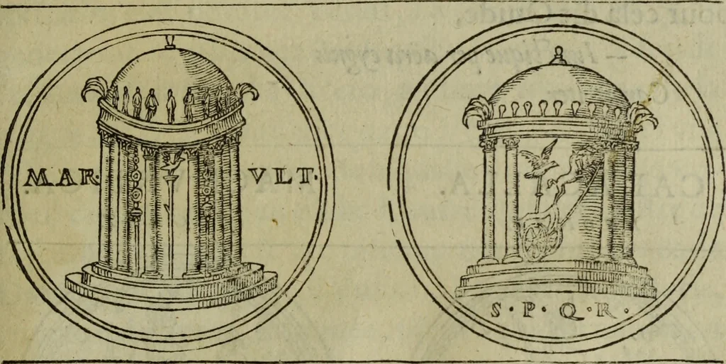 An illustration from Discours de la religion des anciens Romains : de la castrametation & discipline militaire d'iceux. Des bains & antiques exercitations grecques & romaines ..., 1581, leaf 222