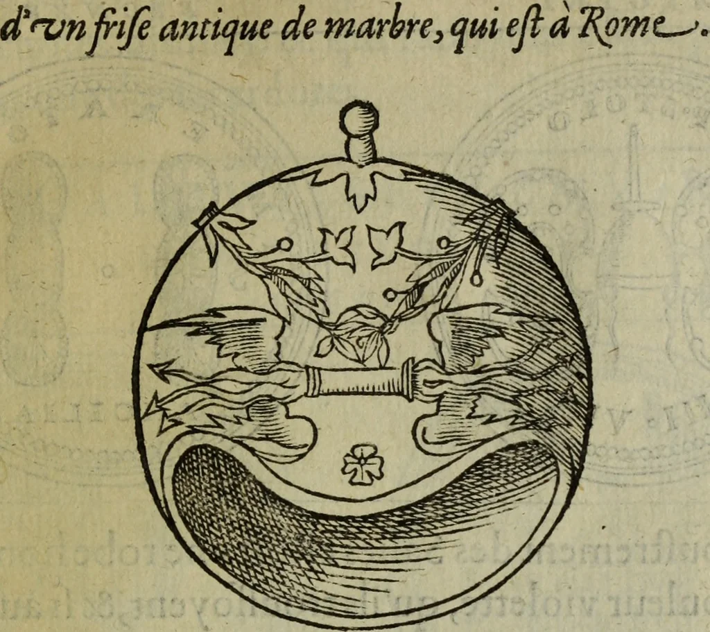 An illustration from Discours de la religion des anciens Romains : de la castrametation & discipline militaire d'iceux. Des bains & antiques exercitations grecques & romaines ..., 1581, leaf 256