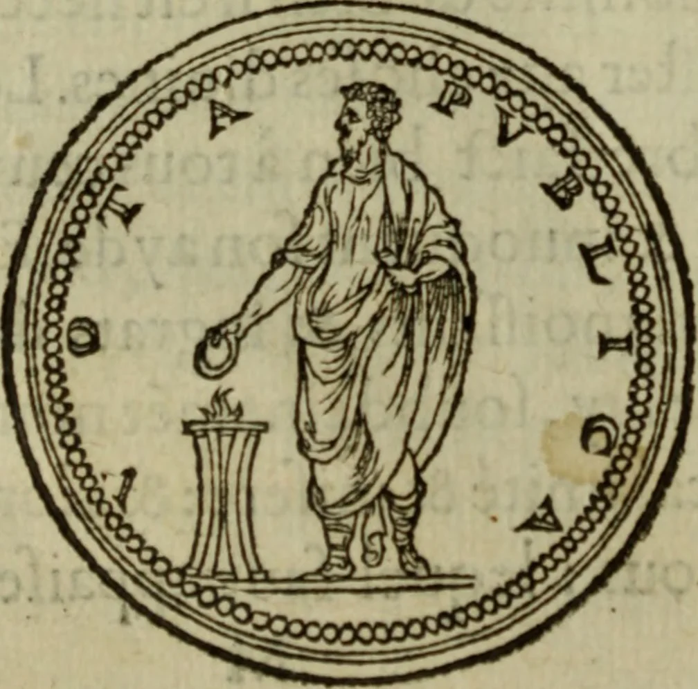 An illustration from Discours de la religion des anciens Romains : de la castrametation & discipline militaire d'iceux. Des bains & antiques exercitations grecques & romaines ..., 1581, leaf 271