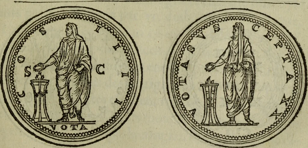 An illustration from Discours de la religion des anciens Romains : de la castrametation & discipline militaire d'iceux. Des bains & antiques exercitations grecques & romaines ..., 1581, leaf 276