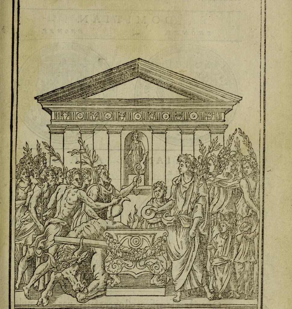 An illustration from Discours de la religion des anciens Romains : de la castrametation & discipline militaire d'iceux. Des bains & antiques exercitations grecques & romaines ..., 1581, leaf 280